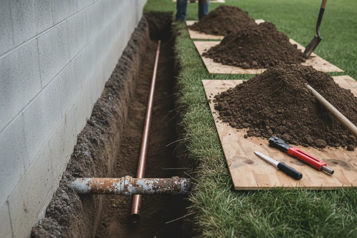Excavated water line trench during Water Softener Installation in Rensselaer